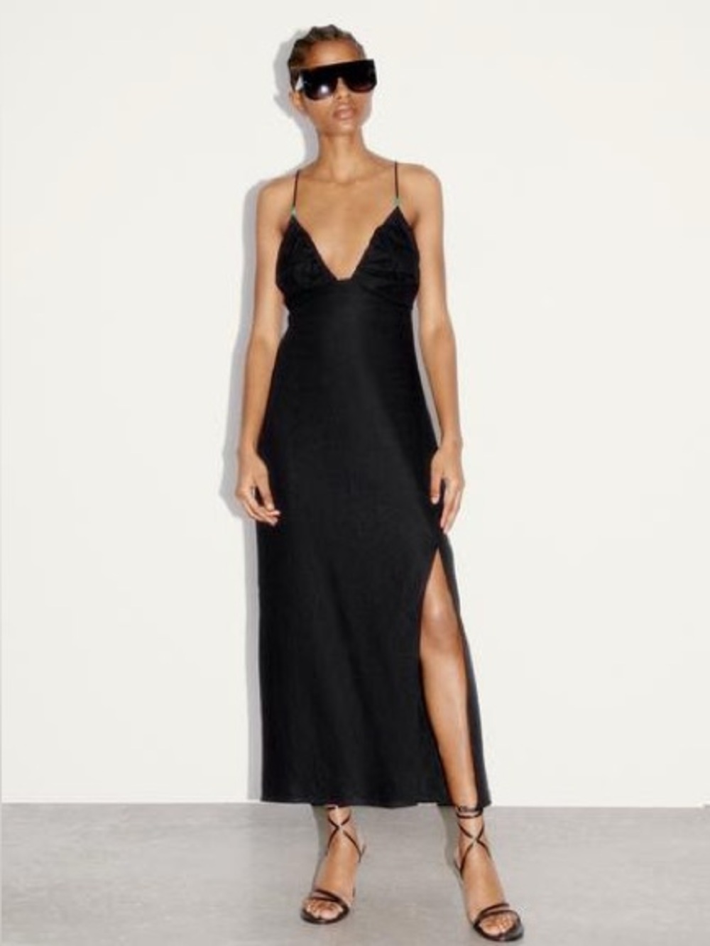 Zara Black Spaghetti-Strap Midi Dress with Side Slit